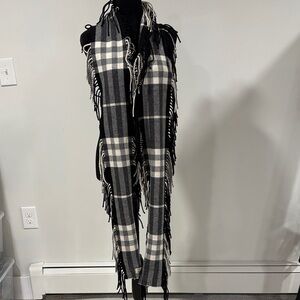 Burberry Black and White Plaid Fringe Scarf 90” long
